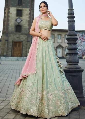 Limegreen Satin Silk Sequinse embroidered Wedding Semi-Stitched Lehenga choli.