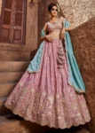 Pink Satin Sequinse embroidered Wedding Semi-Stitched Lehenga choli.