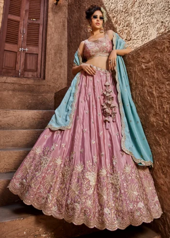 Pink Satin Sequinse embroidered Wedding Semi-Stitched Lehenga choli.