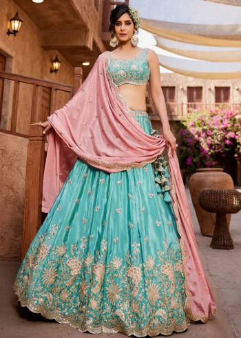 Turquoiseblue Satin Sequinse embroidered Wedding Semi-Stitched Lehenga choli.