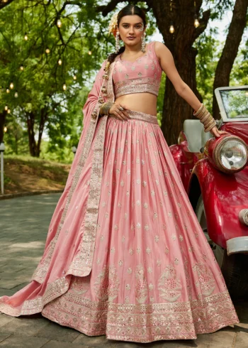 Pink Chiffon Fabric Sequinse embroidery Semi-Stitched Lehenga choli.