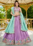 Lavender Satin Sequinse embroidered Wedding Festive Semi-Stitched Lehenga choli.