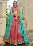 Pink Satin Sequinse embroidered Wedding Festive Semi-Stitched Lehenga choli.