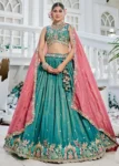 Seagreen Satin Sequinse embroidered Wedding Festive Semi-Stitched Lehenga choli.