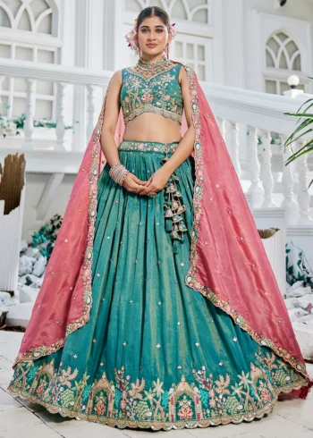 Seagreen Satin Sequinse embroidered Wedding Festive Semi-Stitched Lehenga choli.