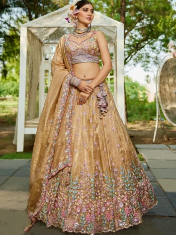 Beige Tissue Fabric Sequinse embroidery Semi-Stitched Lehenga choli.