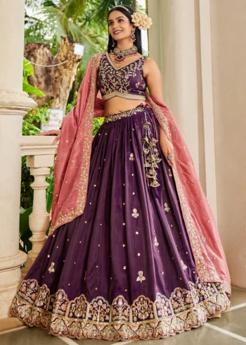 Burgandy Satin Sequinse embroidered Wedding Semi-Stitched Lehenga choli.