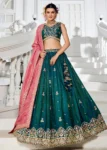 Teal Satin Sequinse embroidered Wedding Semi-Stitched Lehenga choli.