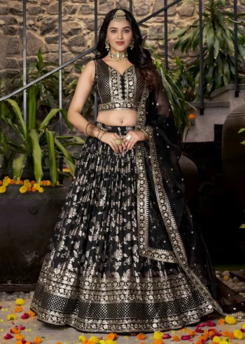 Black Zari Embroidery Dola Silk Festive Party Lehenga Choli