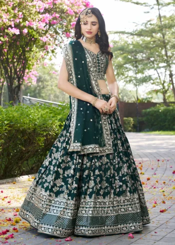 Green Zari Embroidery Dola Silk Festive Party Lehenga Choli