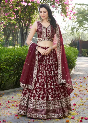 Maroon Zari Embroidery Dola Silk Festive Party Lehenga Choli