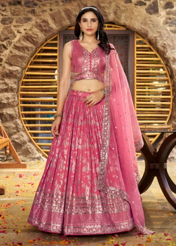 Peach Zari Embroidery Dola Silk Festive Party Lehenga Choli