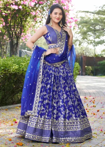 Blue Zari Embroidery Dola Silk Festive Party Lehenga Choli