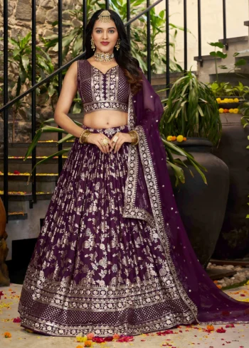 Wine Zari Embroidery Dola Silk Festive Party Lehenga Choli