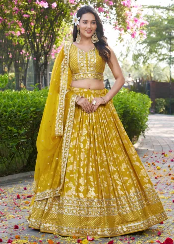 Yellow Zari Embroidery Dola Silk Festive Party Lehenga Choli