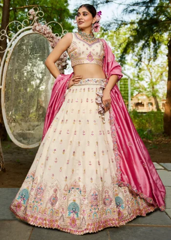 Cream Tissue Fabric Sequinse Embroidered Semi Stitched Lehenga Choli
