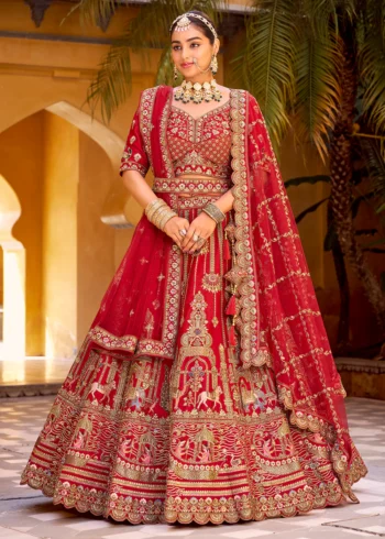 Elegant Traditional Red Bridal Lehenga Choli with Intricate Embroidery.