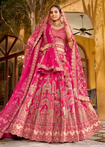 Elegant Traditional Pink Bridal Lehenga Choli with Intricate Embroidery.