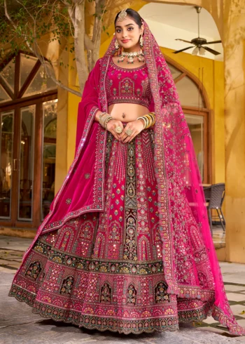 Elegant Traditional Rani Pink Bridal Lehenga Choli with Intricate Embroidery.