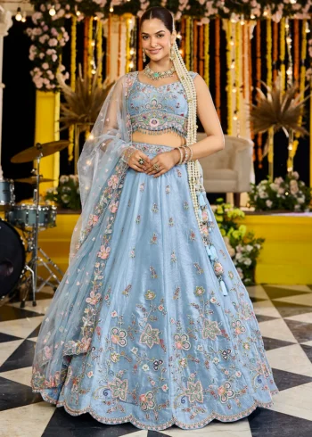 Sky Blue Satin Silk Fabric Sequin Embroidered Ready to Wear Lehenga Choli With Dupatta