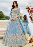 Sky Blue Satin Silk Fabric Sequin Embroidered Ready to Wear Lehenga Choli With Dupatta