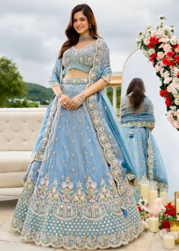 Sky Blue Satin Silk Fabric Sequin Embroidered Ready to Wear Lehenga Choli With Dupatta