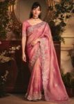 Pink Tissue Organza Silk Embroidered Wedding Saree