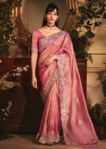 Pink Tissue Organza Silk Embroidered Wedding Saree