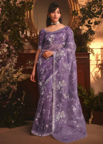 Purple Tissue Organza Silk Embroidered Wedding Saree