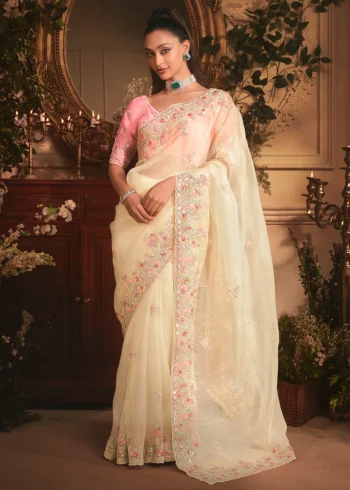 Cream Tissue Organza Silk Embroidered Wedding Saree