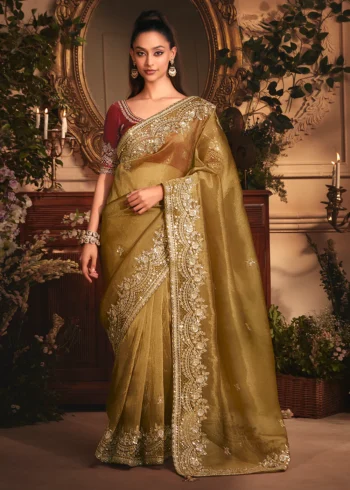 Dusty Gold Tissue Organza Silk Embroidered Wedding Saree