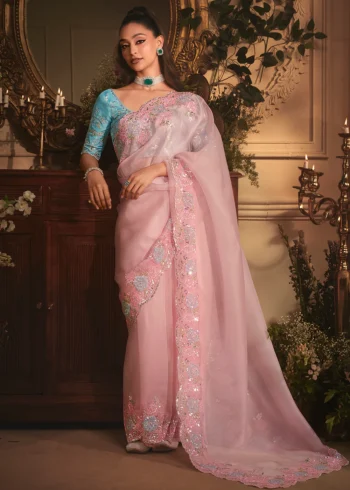 Blush Pink Tissue Organza Silk Embroidered Wedding Saree