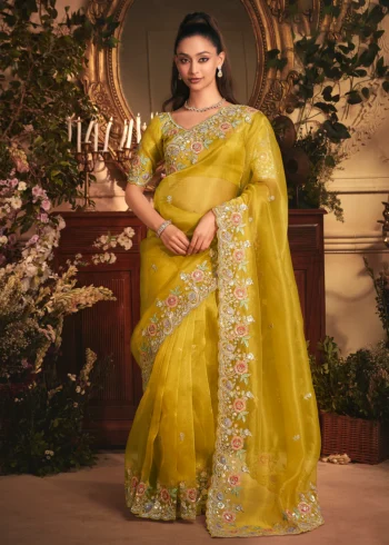 Yellow Tissue Organza Silk Embroidered Wedding Saree