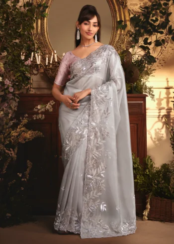 Grey Tissue Organza Silk Embroidered Wedding Saree