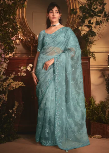 Sea Blue Tissue Organza Silk Embroidered Wedding Saree
