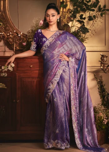 Violet Tissue Organza Silk Embroidered Wedding Saree