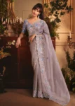 Lavender Tissue Organza Silk Embroidered Wedding Saree