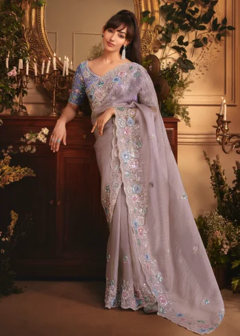 Lavender Tissue Organza Silk Embroidered Wedding Saree