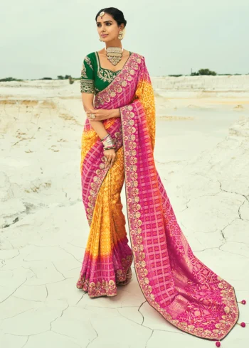 Traditional Mustard Rani Pure Georgette Embroidered Bandhej Designer Saree