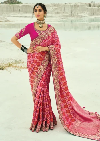 Traditional Red Rani Pure Georgette Embroidered Bandhej Designer Saree