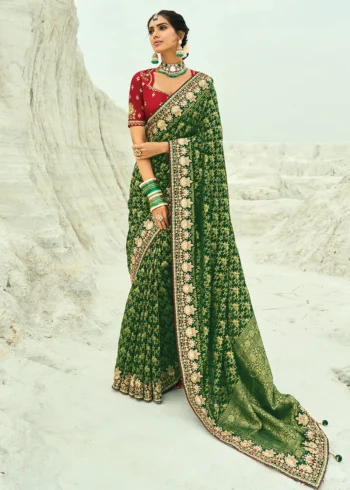 Traditional Green Pure Georgette Embroidered Bandhej Designer Saree