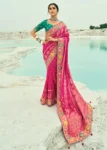 Traditional Rani Pure Georgette Embroidered Bandhej Designer Saree