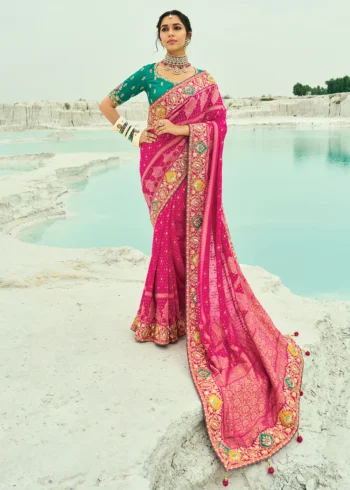 Traditional Rani Pure Georgette Embroidered Bandhej Designer Saree