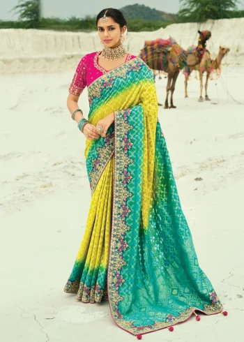 Traditional Rama Yellow Pure Georgette Embroidered Bandhej Designer Saree
