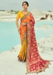 Traditional Red Mustard Pure Georgette Embroidered Bandhej Designer Saree