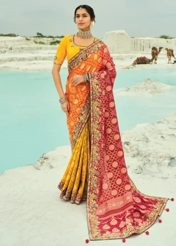 Traditional Red Mustard Pure Georgette Embroidered Bandhej Designer Saree