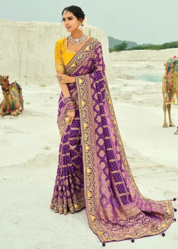 Traditional Wine Pure Georgette Embroidered Bandhej Designer Saree