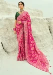 Traditional Rani Pink Pure Georgette Embroidered Bandhej Designer Saree