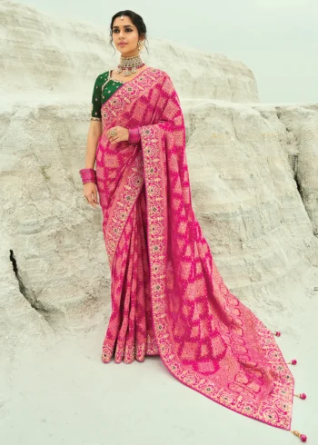 Traditional Rani Pink Pure Georgette Embroidered Bandhej Designer Saree