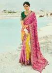 Traditional Rani Yellow Pure Georgette Embroidered Bandhej Designer Saree